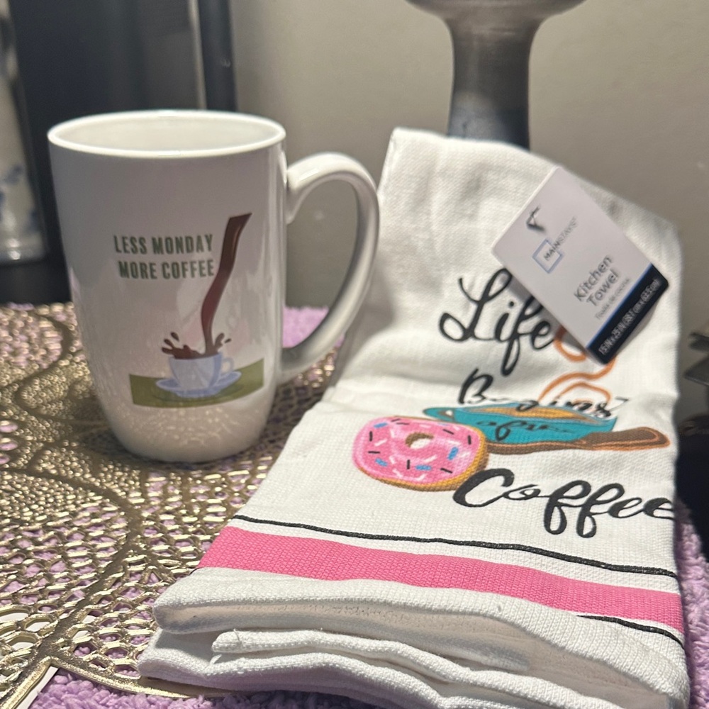 Mainstays White and Pink Coffee-Themed Towel and Mug Set